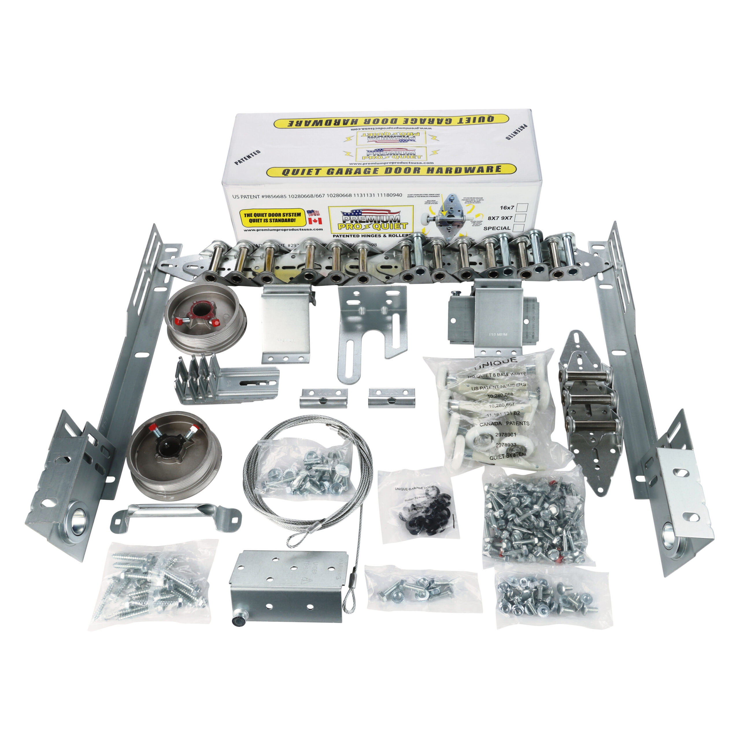 Patented quiet hinge and roller hardware kit, boxed complete